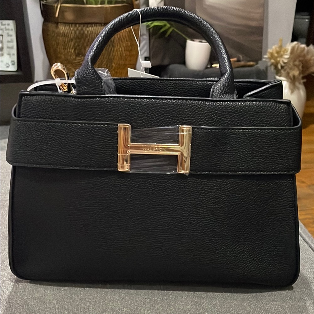Halston Pebbled Satchel Crossbody Elegant Black Handbag with Gold Accents